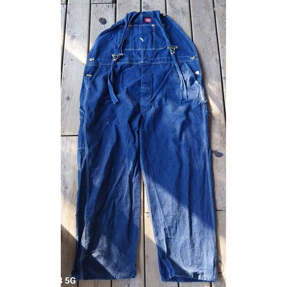 Vintage Dickies Denim Bib Overalls 50x 30 Carpenter Blue Work Button Fly Trucker - Picture 4 of 6